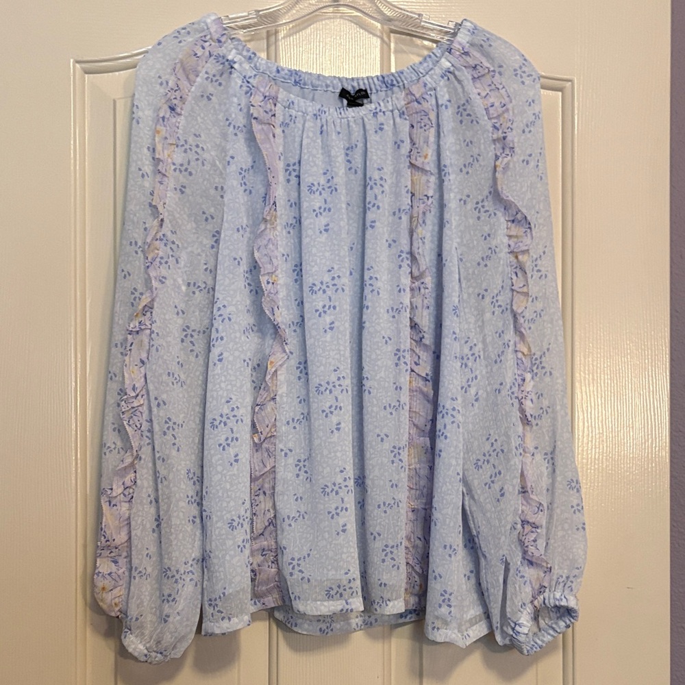 Ann Taylor Pastel Floral Ruffle Trim Blouse